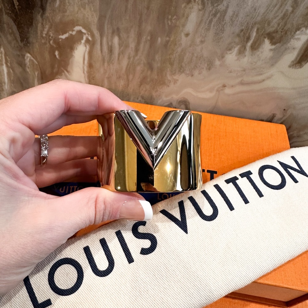 Louis Vuitton Two Tone Thick Gold Essential V Cuff Bracelet - Picture 4 of 7